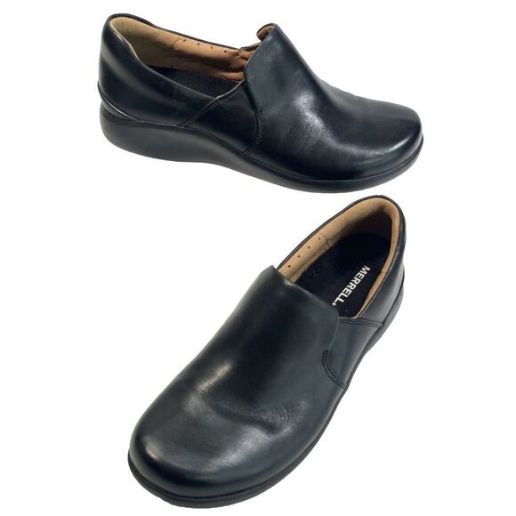 Clarks Unstructured Black Leather Shoes with Merrell Insoles Slip On Comfort 9M - Picture 1 of 15